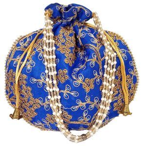Silk Potli Bag Clutch, Drawstring Purse Intricate Gold Thread & Sequin C ^-^